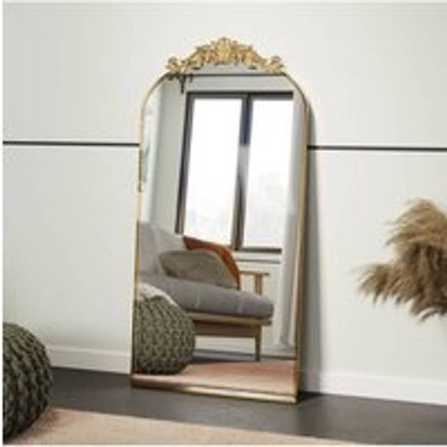 60cm W x 120cm H Vintage-Inspired Gold Floral Carved Metal Framed Arch Accent Wall Mirror - Metallics - One Size