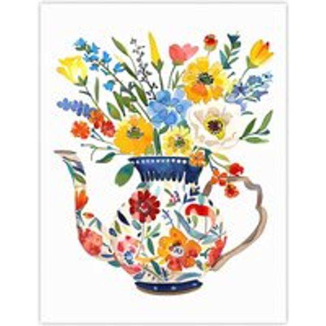 Colourful Flower Bouquet in Floral Teapot Vase Wall Art Print - Multi - W12 inch x H16 inch