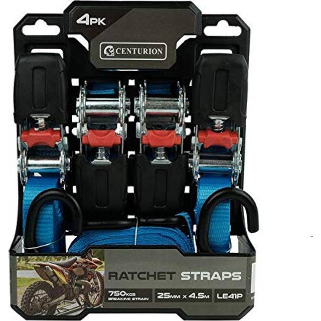 4 x Ratchet Tie Down Strap With S Hook, 4.5M Length, 750kg Load Break Strength, 25mm PES Webbing