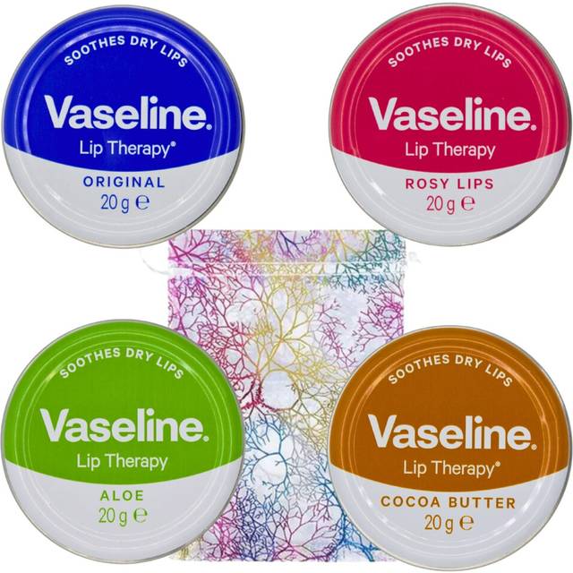 Vaseline Lip Balm 4 X 20g (Rosy Lips, Cocoa Butter, Aloe, Original) Lip Balm Set Bundle with Glameno Drawstring Organza Bag