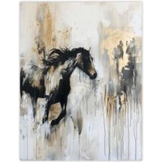 Wild Horse Fantasy Black Gold Bright Oil Painting Wall Art Print - Grey - W18 inch x H24 inch