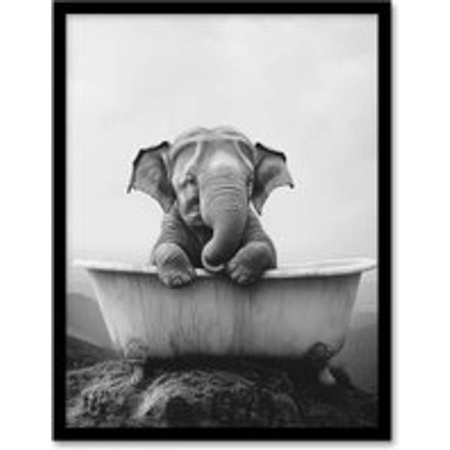 Cute Baby Elephant In Bathtub Black White Surreal Framed Art Print - Grey - A4