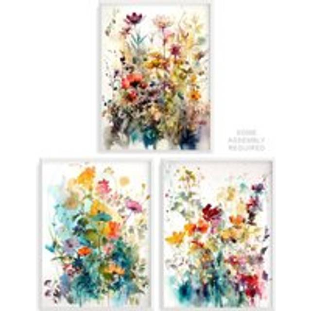 3 A4 Wildflowers Colourful Watercolour Floral Artworks Spring Flower Field Wall Art And Frame Set - White - A4