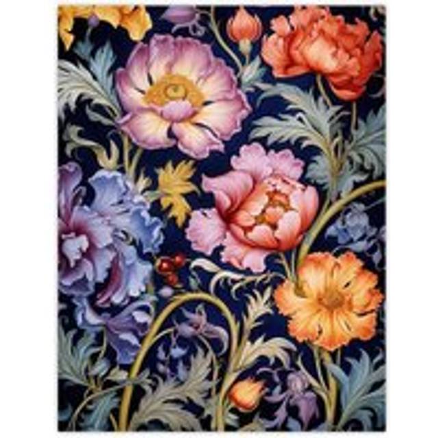 Modern William Morris Style Elegant Anemone Flowers Floral Pattern Colourful Artwork On Blue Unframed Wall Art Print Poster Home Decor Premium - Multi - W12 inch x H16 inch