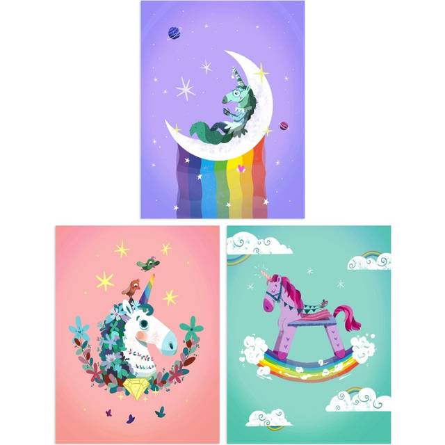 Wall Art Print Pack of 3 A4 Kids Girl Bedroom Magical Unicorns and Rainbows Purple Pink Blue Living Room s Set - Multi - A4