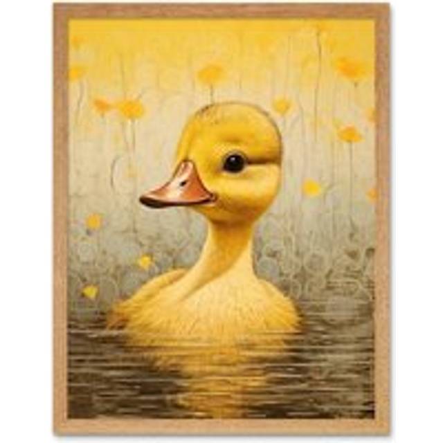 Wall Art Print Yellow Duckling Kids Bedroom Baby Nursery Calm Elegant Artwork Art Framed - Tan - W12 inch x H16 inch