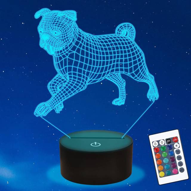 Bulldog Night Light, 3D Illusion Pug lamp for Kids, 16 Colors Changing with Remote, Kids Bedroom Decor