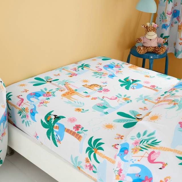 Happy Linen Company Sunset Safari Savannah Fitted Sheet - Toddler Cot Bed, White