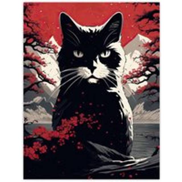 Ukiyo Japan Black Cat Red Black White Modern Artwork Painting Unframed Wall Art Print Poster Home Decor Premium - Multi - W12 inch x H16 inch