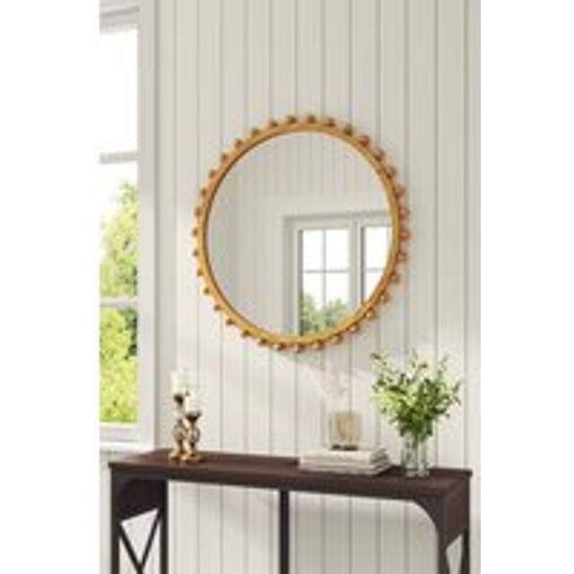 79cm Log-Colored Round Pine Wood Decorative Wall Mirror Decorative Makeup Mirror for Living Room Porch - Beige - One Size