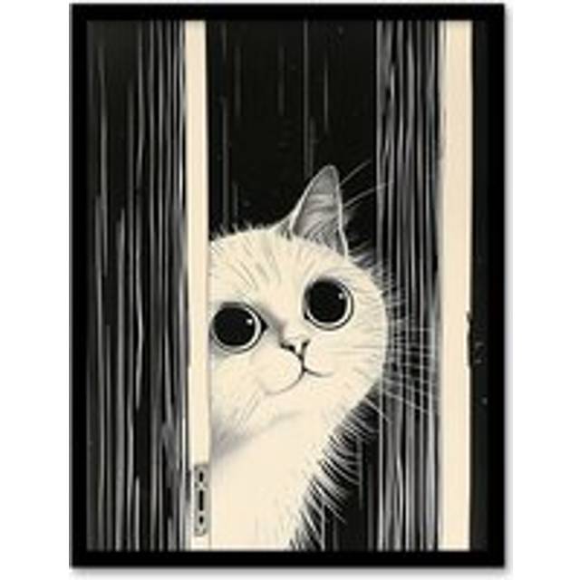 Cute Kitty Black White Cat Lover Pet Painting Framed Wall Art - A4