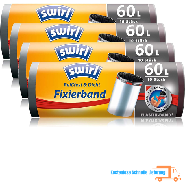 Swirl 175321 Soppåsar med Fästband, 4 Rullar med 10 Påsar (60 l), Svart