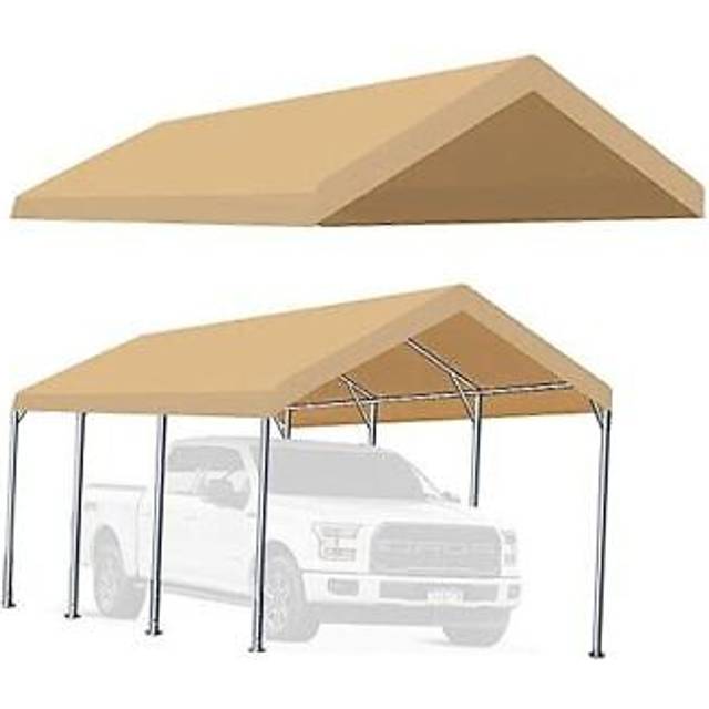 Rutile 10x20 Carport Canopy ONLY Tent Garage Replacement Top Tarp Car Shelter Cover wBall Bungees Beige Only Top Cover  Fram