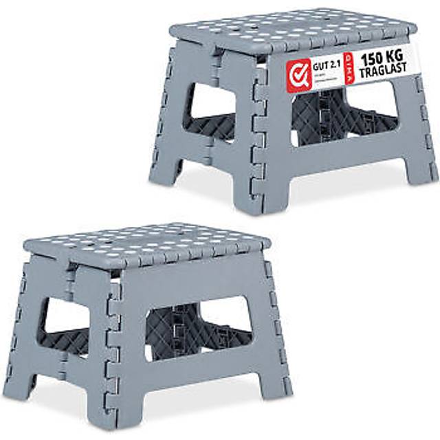 Set of 2 Relaxdays Folding Stools m, Portable, Step Stool, up to 120 kg, Plastic, 22 cm Tall, Light Grey