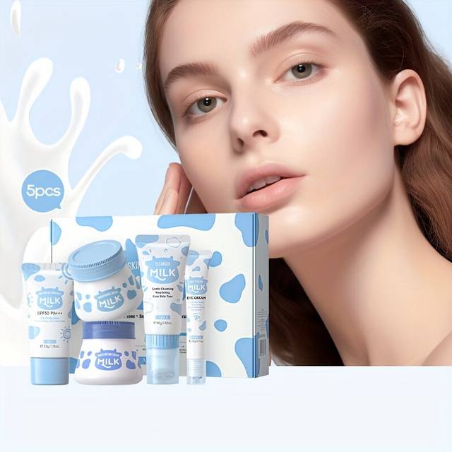 (Milk 5pcs/Set) 5pcs/set, Milk Skincare Set with Oil Control Cleanser