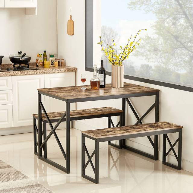 3-Pieces Dining Table Set, Rectangle Dinette With 2 Benches, Metal Frame For Dining Room, Living Room - Brown (4)