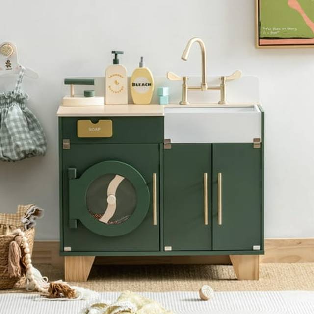 Robotime ROBUD Wooden Kid Play Kitchen, Washing Machine Vintage Green