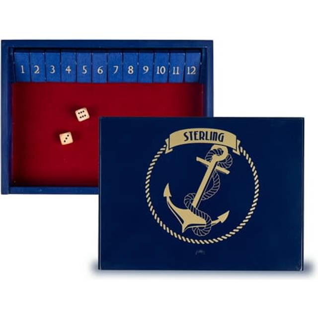 STERLING Games Wooden Shut The Box Game 12 Numbers with Home Decor Design Lid Cover and Felted Rolling Surface  Blue