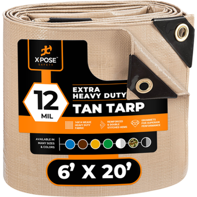 Heavy Duty Tan Poly Tarp 6' X 20' - Multipurpose Protective Cover - Durable  Waterproof  Weather Proof  Rip and Tear Resistant - Extra Thick 12 Mil Po