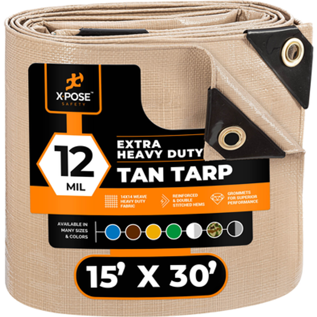 Heavy Duty Tan Poly Tarp 15' X 30' - Multipurpose Protective Cover - Durable  Waterproof  Weather Proof  Rip and Tear Resistant - Extra Thick 12 Mil P