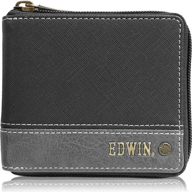 Bifold Synthetic Round Coin Bill Card Embossed Gray [Edwin] Wallet, Leather, Zip, Storage, Storage, Storage, Stitching, Rivets, Men's, gray