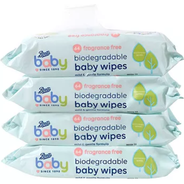 Boots Baby biodegradable fragrance free wipes 64s 4s