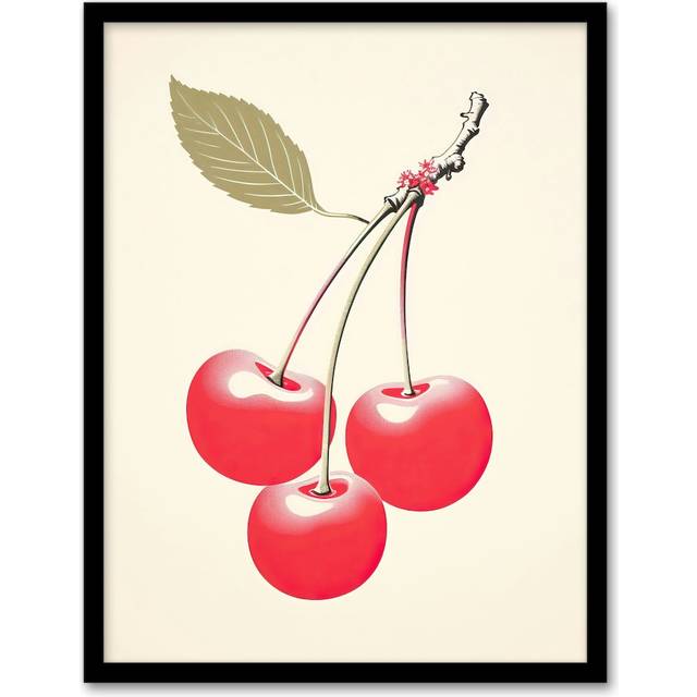 Wall Art Print Red Smudge Cherries on Stem with Leaf Bright Pink Alabaster Green Retro Kitchen Painting Art Framed - A4