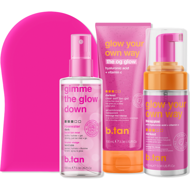 b.tan Clear Self Tanning Gel Travel Size Kit | Glow Your Own Way Gift Set - Includes Mini Dark Fake Tanner Mousse  Gradual Bronzing Face Mist  Express