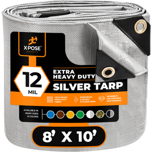 Heavy Duty Silver Poly Tarp 8' X 10' - Multipurpose Protective Cover - Durable  Waterproof  Weather Proof  Rip and Tear Resistant - Extra Thick 12 Mil