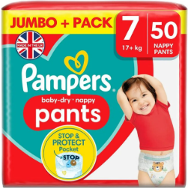 Pampers Baby-Dry Nappy Pants Size 7, 50 Nappies, 17kg+, Jumbo+ Pack