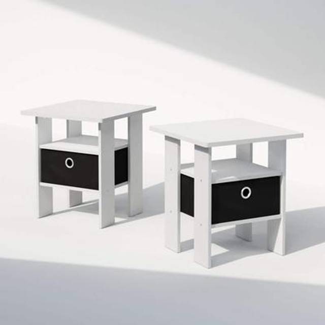 Furinno Tidur Bedside Table Nightstand with Bin Drawer  White/Black  Set of 2