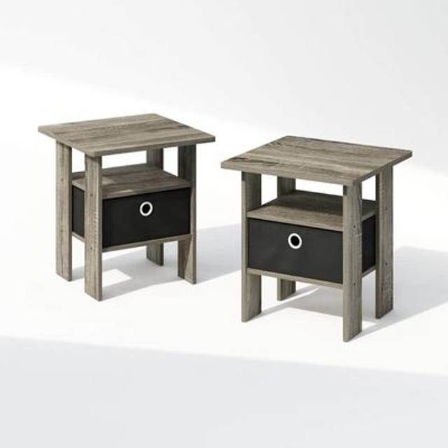 Furinno Tidur Bedside Table Nightstand with Bin Drawer  French Oak/Black  Set of 2