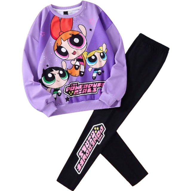 SHEIN Tween Girl Cartoon Print Stylish Purple Round Neck Sweatshirt And Black Letter Print Leggings Set,Everyday Casual  Cute Girl Suitable For Fall & Winte
