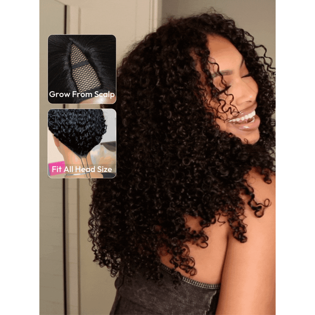 UNice EasiContour? V Part Minimal Glueless Curly Glueless Wig With Invisi Drawstring 100% Human Hair 150% Density