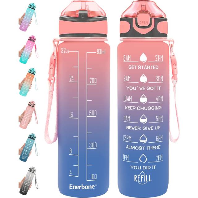 Enerbone 32 oz Water Bottle with Times to Drink and Straw  Motivational Drinking Water Bottles with Carrying Strap  Leakproof BPA & Toxic Free  Ensure