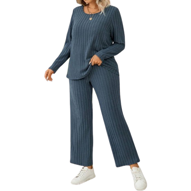EMERY ROSE 2pcs/Set Fitted Casual Thermal Ribbed Fleece Long Sleeve Top And Pants Set, With Built-In Padded Bra