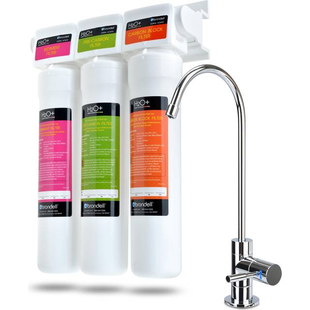 Brondell H2O+ Coral UC300 Three-Stage Undercounter Water Filtration System - Water Purifier with Designer Chrome Faucet - Quick Change Filter  WQA Gol