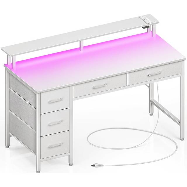 Seventable Computer Desk with Power Outlets & LED Light  39 inch Home Office Desk with 5 Drawers  Writing Desk with Monitor Stand  Work Desk for Home