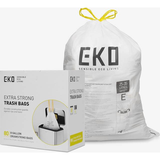 EKO Easy-Dispense Roll 80 Count Extra-Strong Drawstring Tall Kitchen Trash Bag  8-9.5 Gallon Trash Bag (30.3L-36L) 1 Pack White  Code E