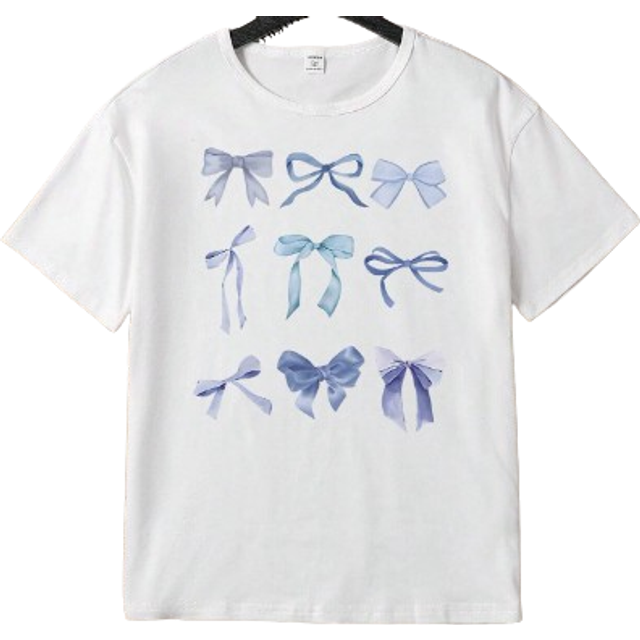SHEIN Tween Girl Short Sleeve Blue Bow-Knot Creative & Aesthetic Print T-Shirt, Suitable For Outings And Creating A Cute Teenage Girl Look, Summer