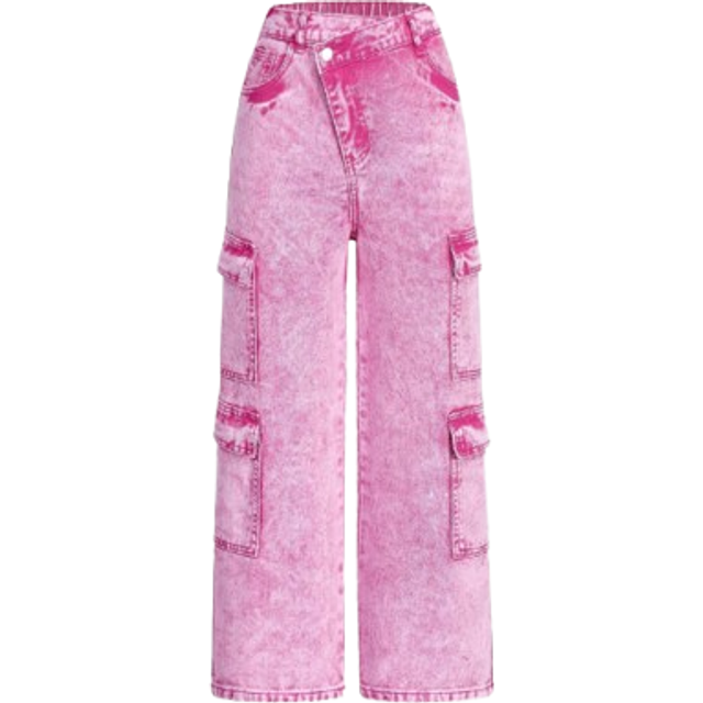 SHEIN Tween Girl Heavy Wash Asymmetrical Waisted Loose Straight Leg Cargo Denim Jeans