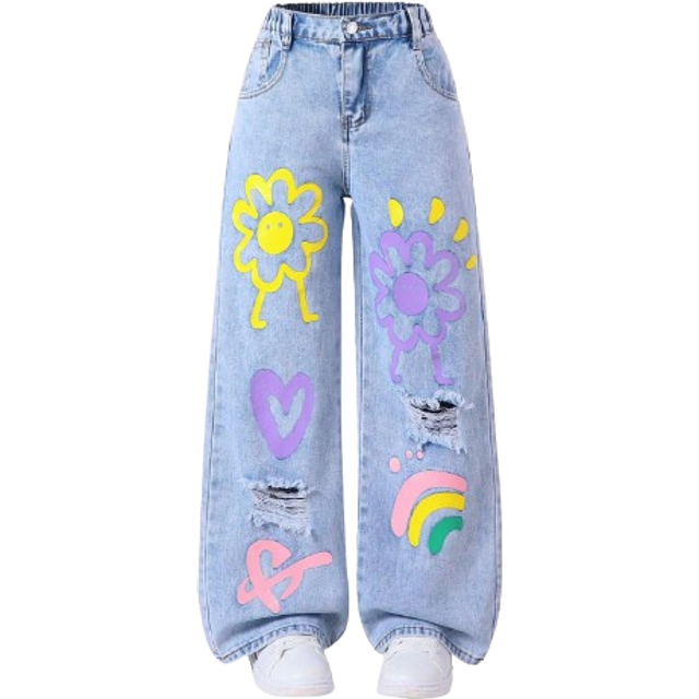 SHEIN Tween Girl Graffiti Distressed Wide-Leg Jeans , Loose & Cute Straight Leg Pants