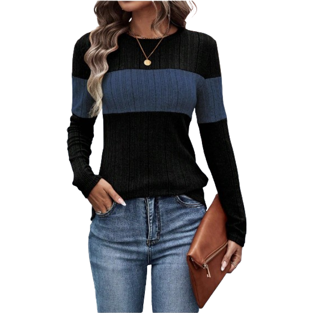 SHEIN Women Contrast Color Crew Neck Long Sleeve Ribbed Casual T-Shirt, Spring & Summer Graphic Tees Women Tops For Spring Outfit