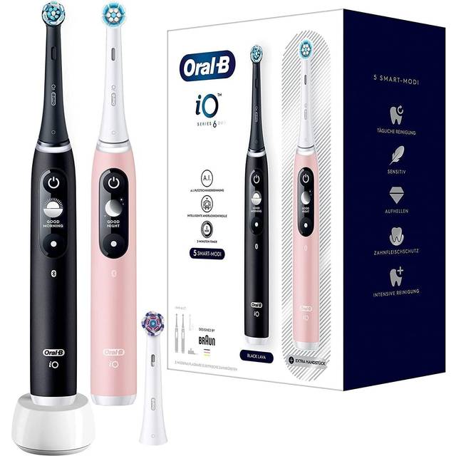 Oral-B iO6 Black Lava & Pink Sand Tvåpack Eltandborstar, 2 Högklassigt Designade Handtag Med Svartvit Display, 3 Borsthuvuden, Designed By Braun, Oral B