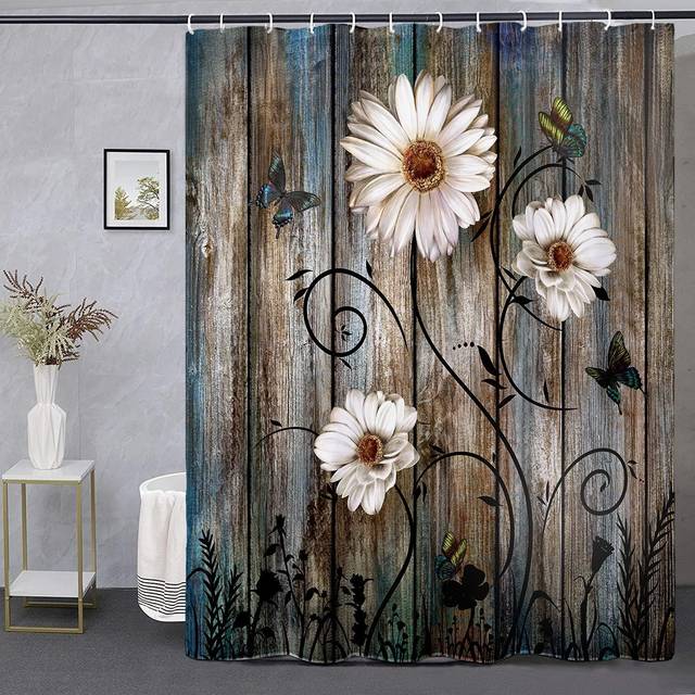 Miffrank Rustic Shower Curtain Set Grey Floral Fabric Bath Curtain 12 Hooks Butterfly Daisy American Country Farm Style 72?72 Inches
