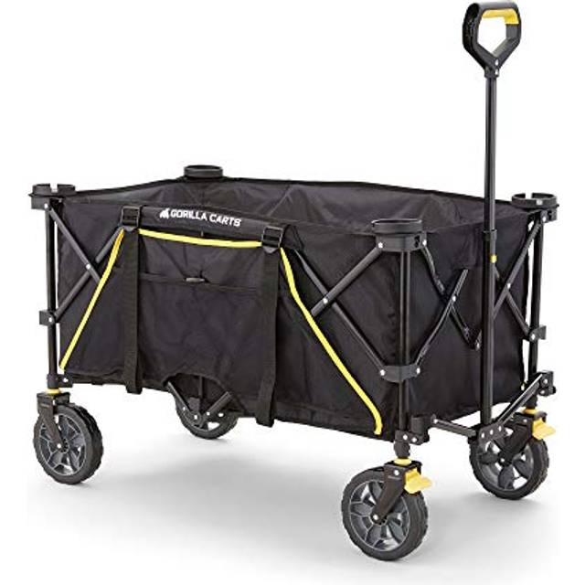 Gorilla Carts 7 Cubic Feet Collapsible Folding Outdoor Utility Sports Beach Wagon  with 150 Pound Capacity  Oversized Bed  & Cup Holder  Black