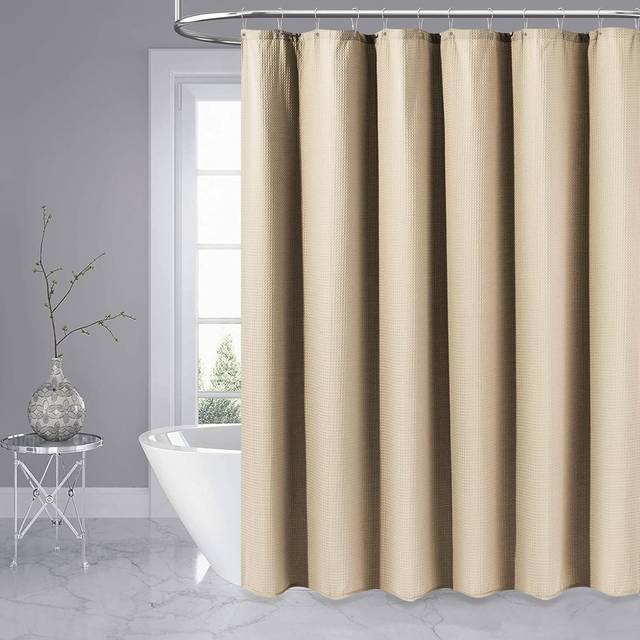Dynamene Beige Fabric Shower Curtain - Waffle Textured Heavy Duty Cloth Shower Curtains for Bathroom  256GSM Hotel Spa Luxury Weighted Bath Curtain Se