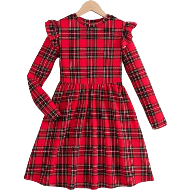 SHEIN Tween Girl Casual Christmas Red Plaid Cap Sleeve Long Dress