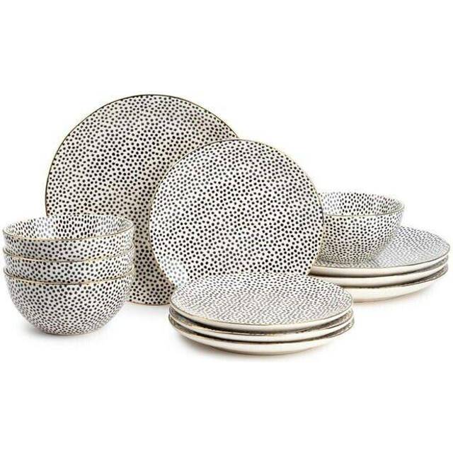 Thyme & Table Dinnerware Black White Medallion Stoneware, 12 Piece Set (Polka Dot), Polka Dots