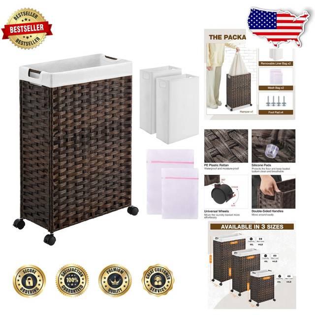 Greenstell Laundry Hamper with Wheels  45L Slim Laundry Basket with 2 Removable Liner Bags  2 Mesh Bags  Narrow Dirty Clothes B